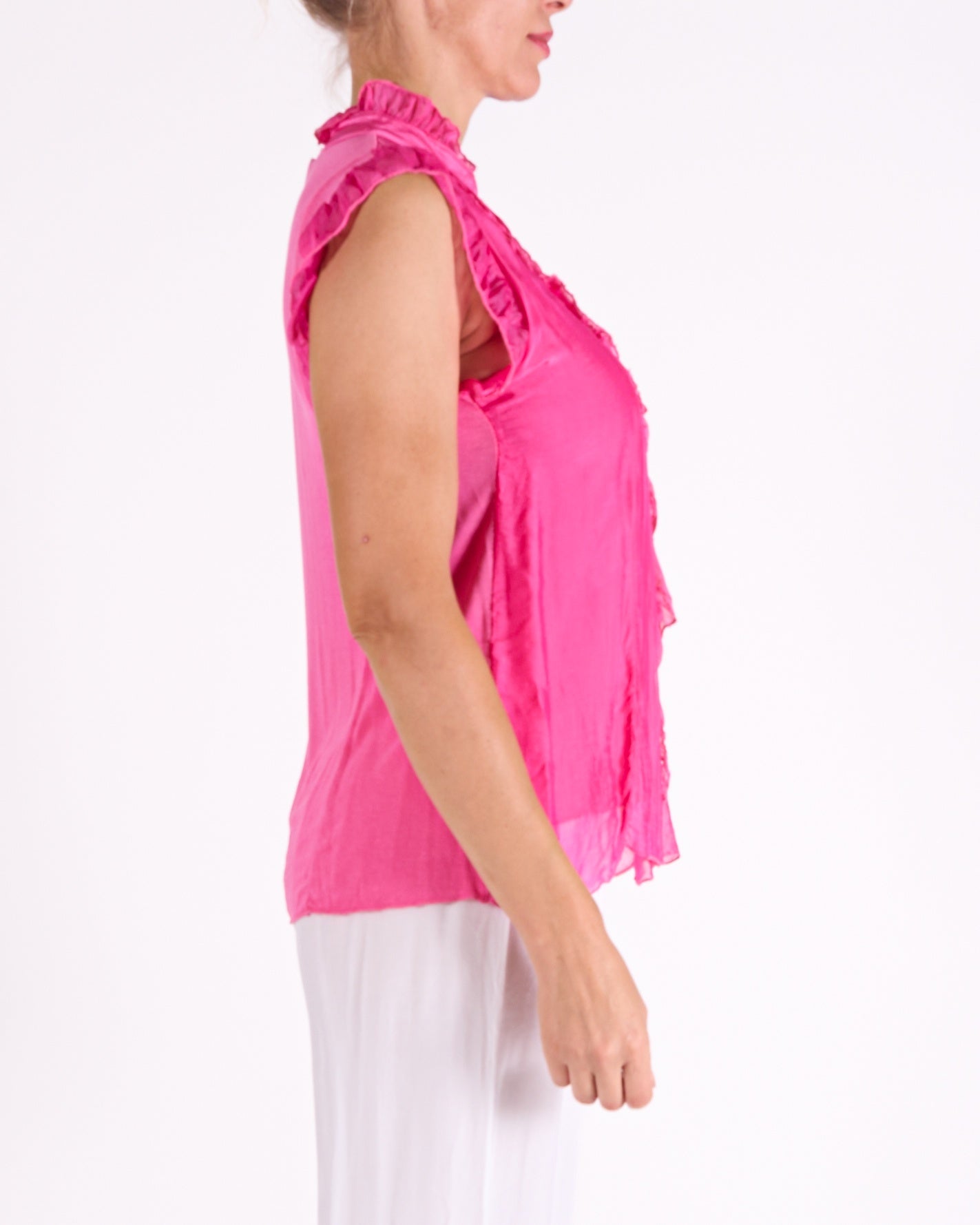 Cherry Button Front Ruffle Arm and Front Trim V Neck Blouse