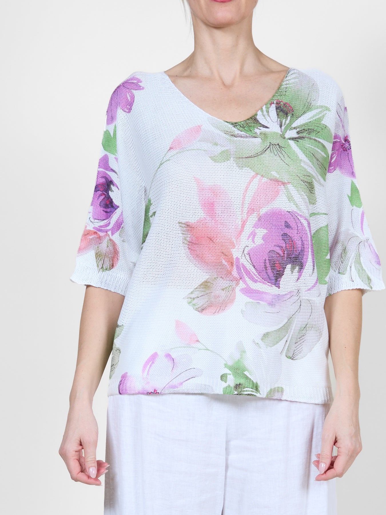 White Top with Purple Floral Print and Loose Sleeves