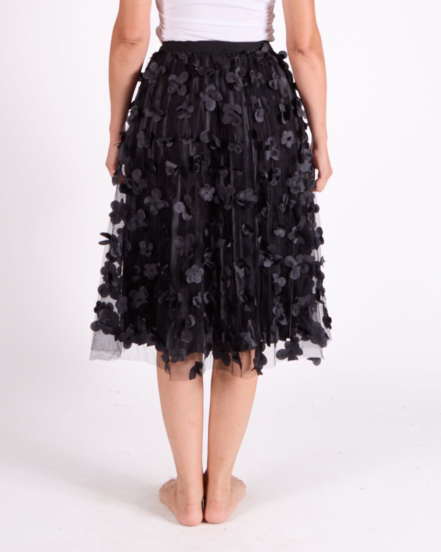 Black Pull on Allover Floral Applique Mesh Skirt