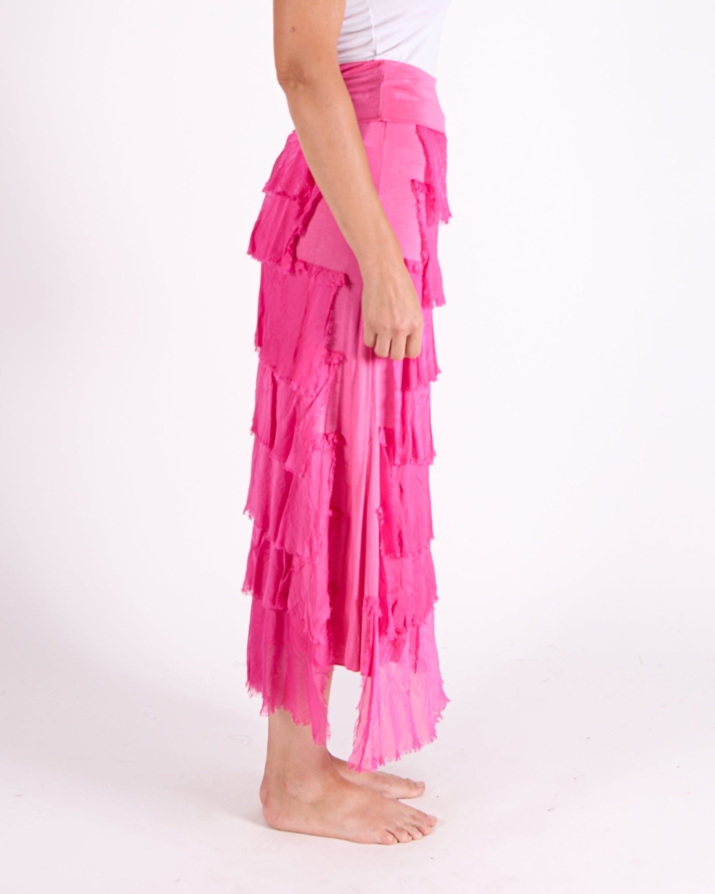 Cherry Fold Over Waist Band Raw Edge Multi Layer Skirt