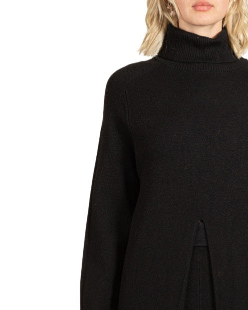 Pull tunique noir maxi à col roulé et ouverture sur le devant