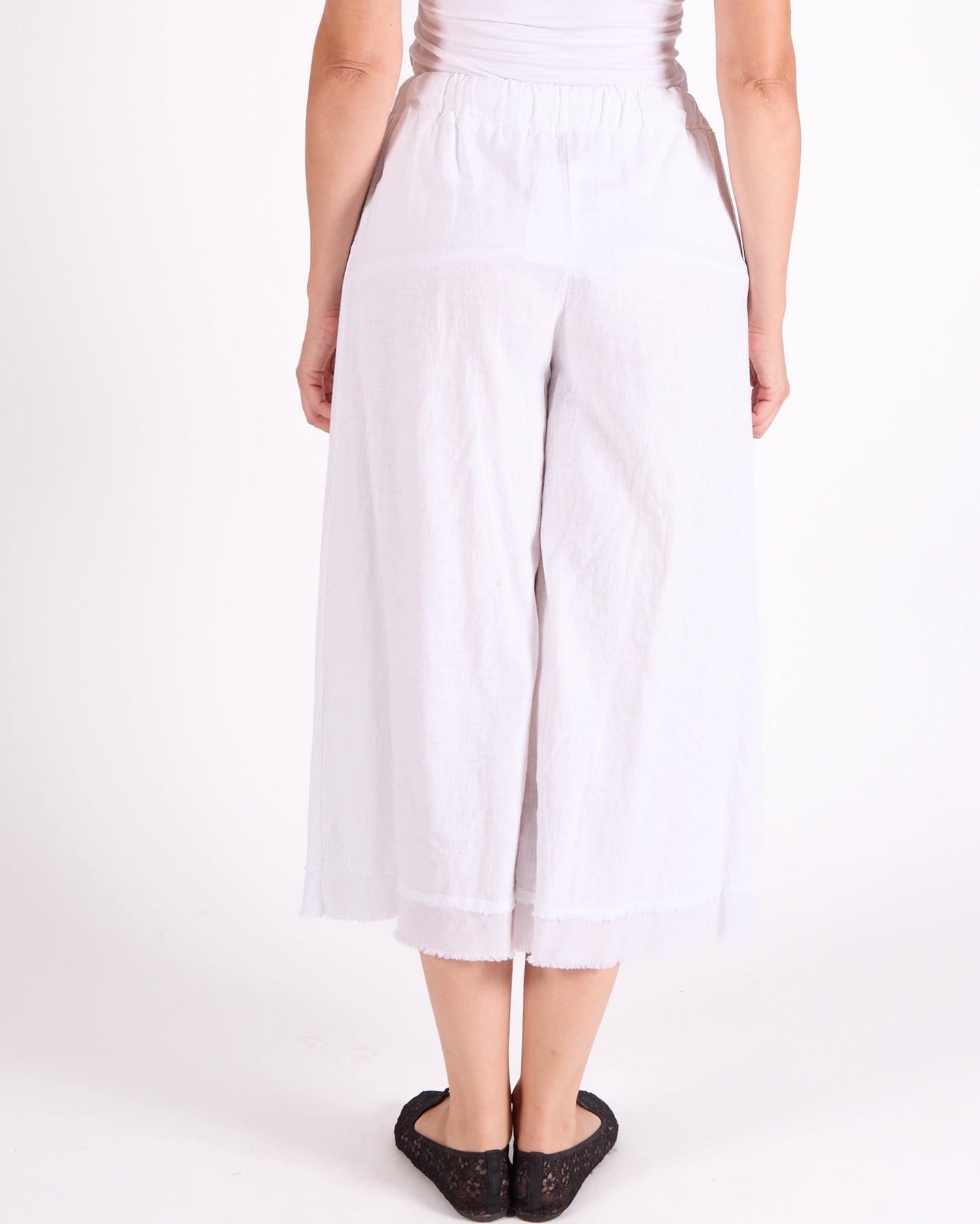 White Pull on Drawstring Raw Edge Hem Pants