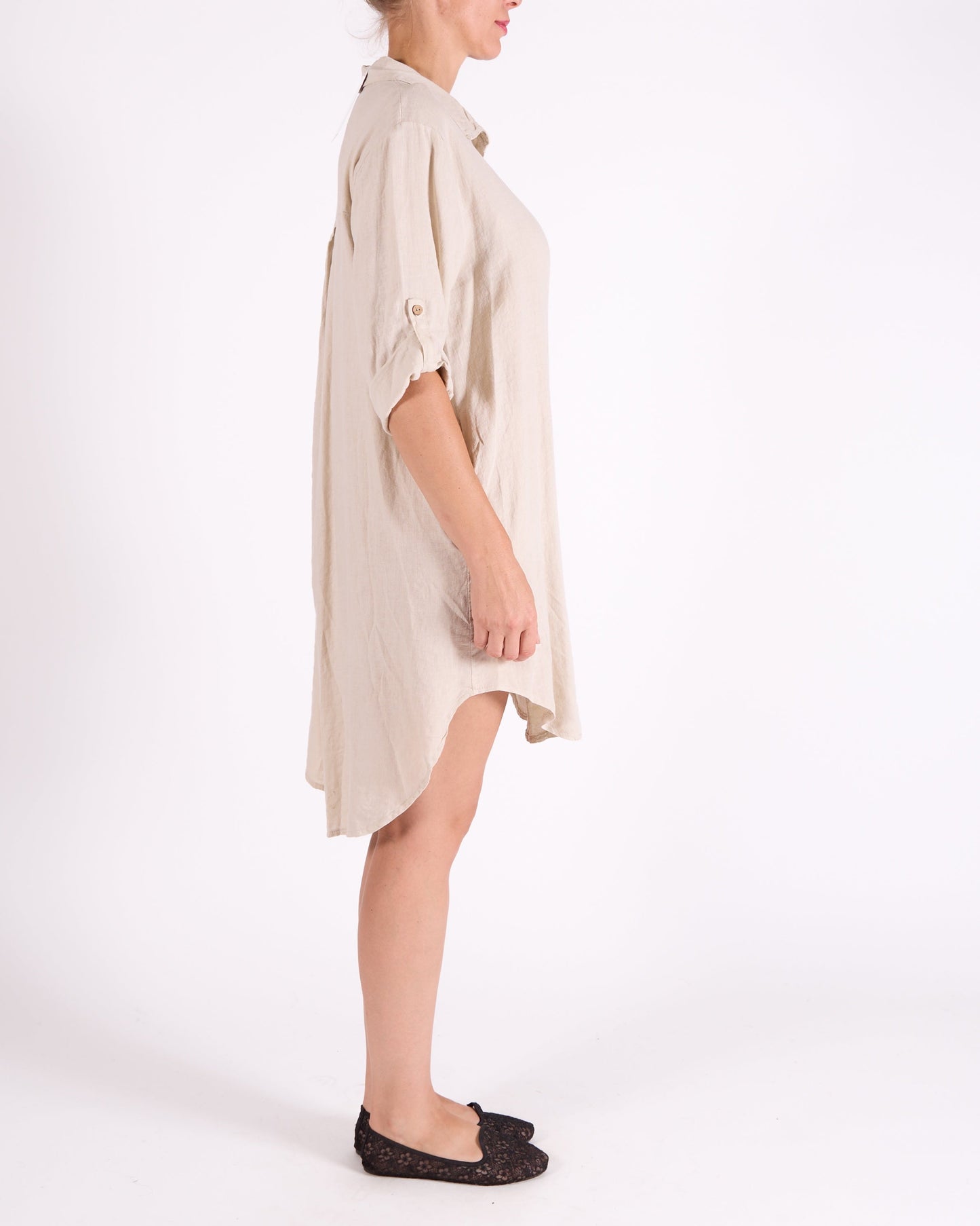 Sand Button Front Roll up Sleeve 1 Pocket Shirt Dress