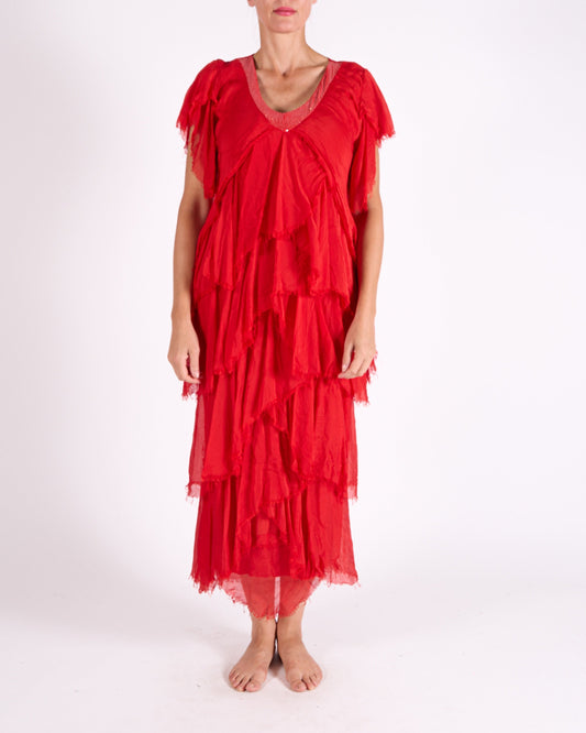 Red Short Sleeve Raw Edge Multi Layer Sequin Neck Trim Maxi Dress