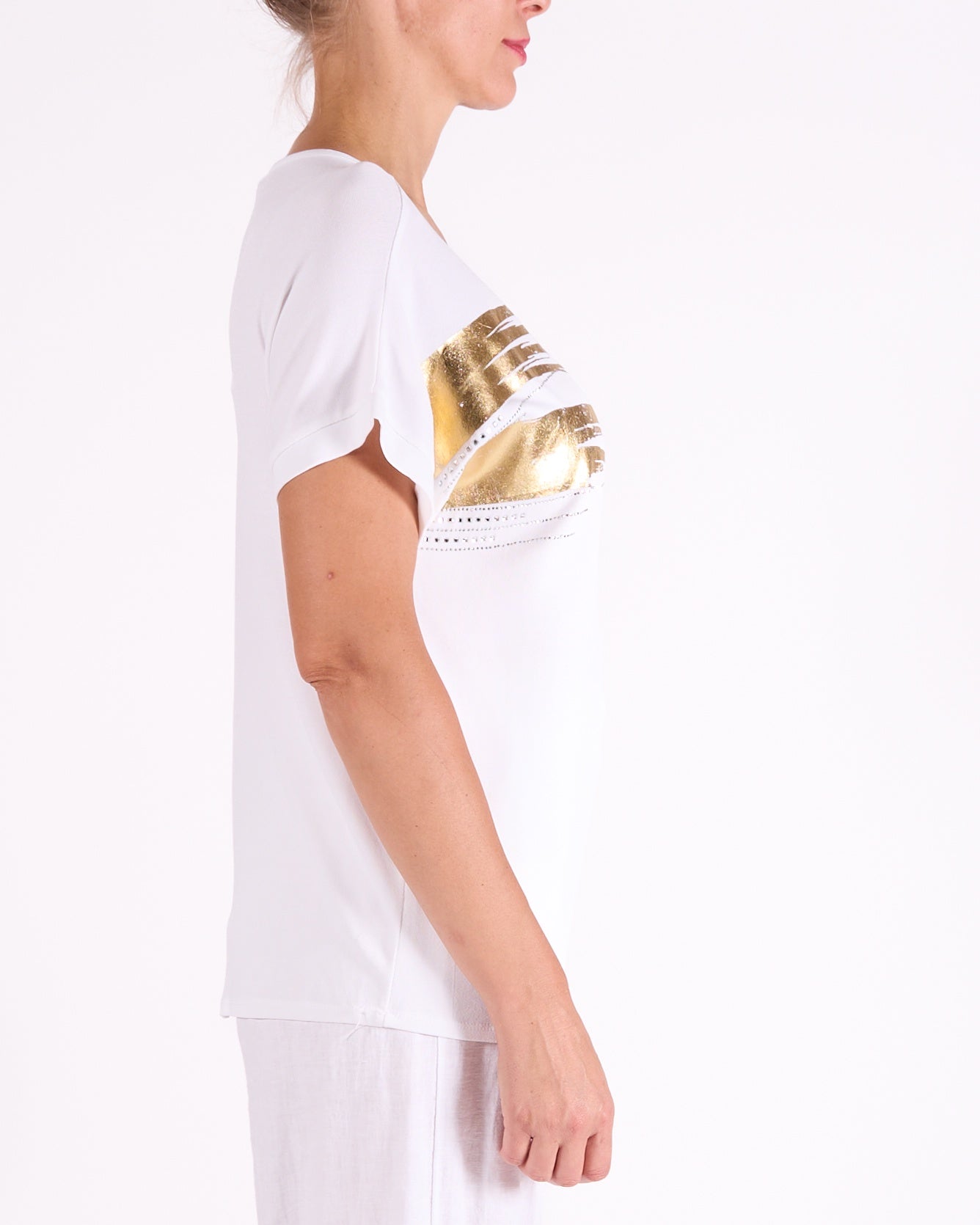 White Short Sleeve Gold & Silver Foil Studed T-Shirt