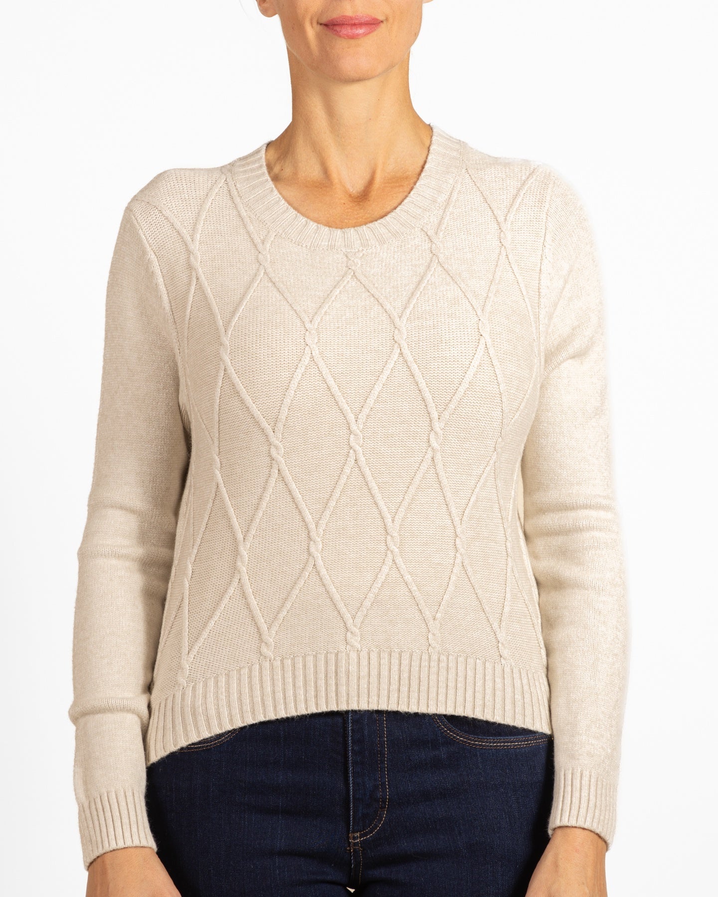 Oatmeal Diamond Cableknit Crew Neck Pullover