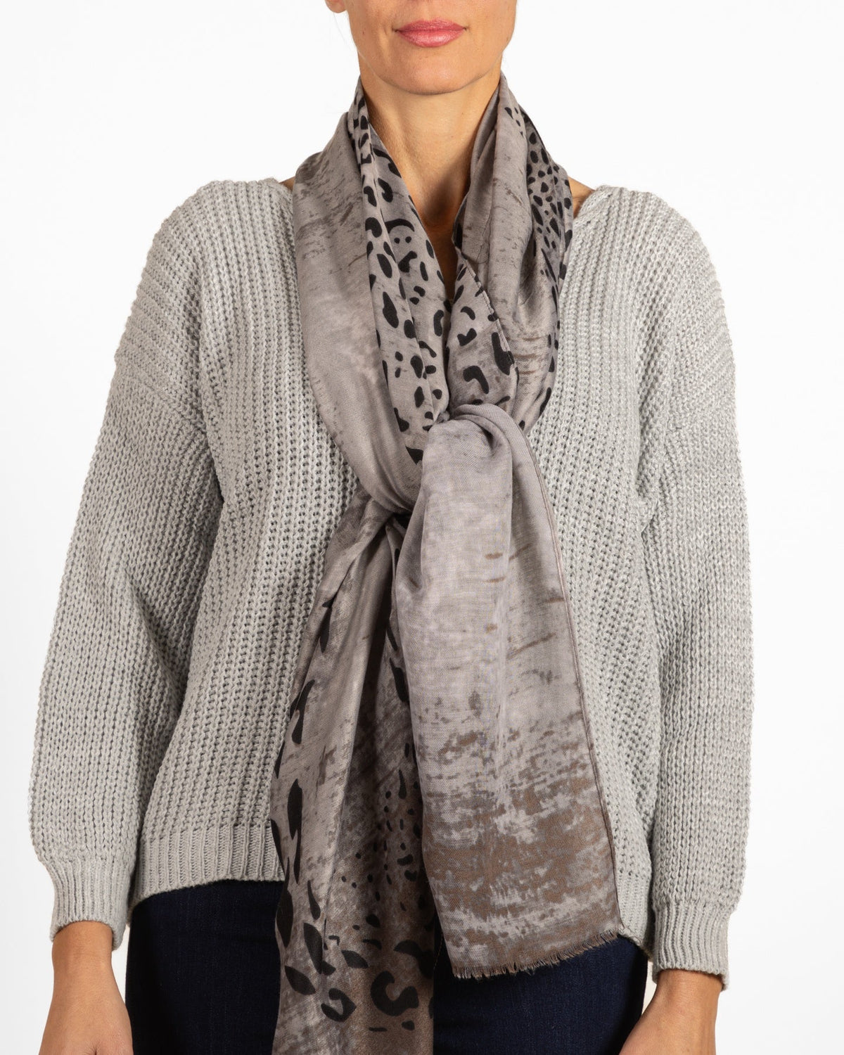 Grey Melange V-Neck Cable Knit Rib Combo Sweater
