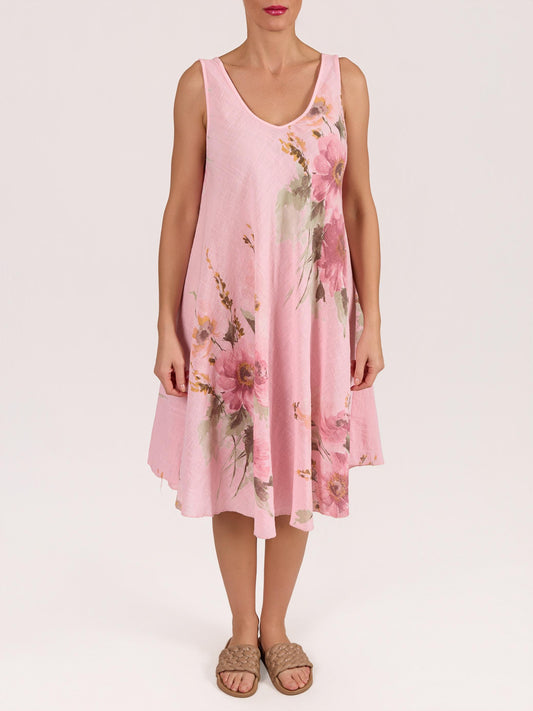 Robe Rose Sans Manches Évasée Ligne A à Imprimé Floral