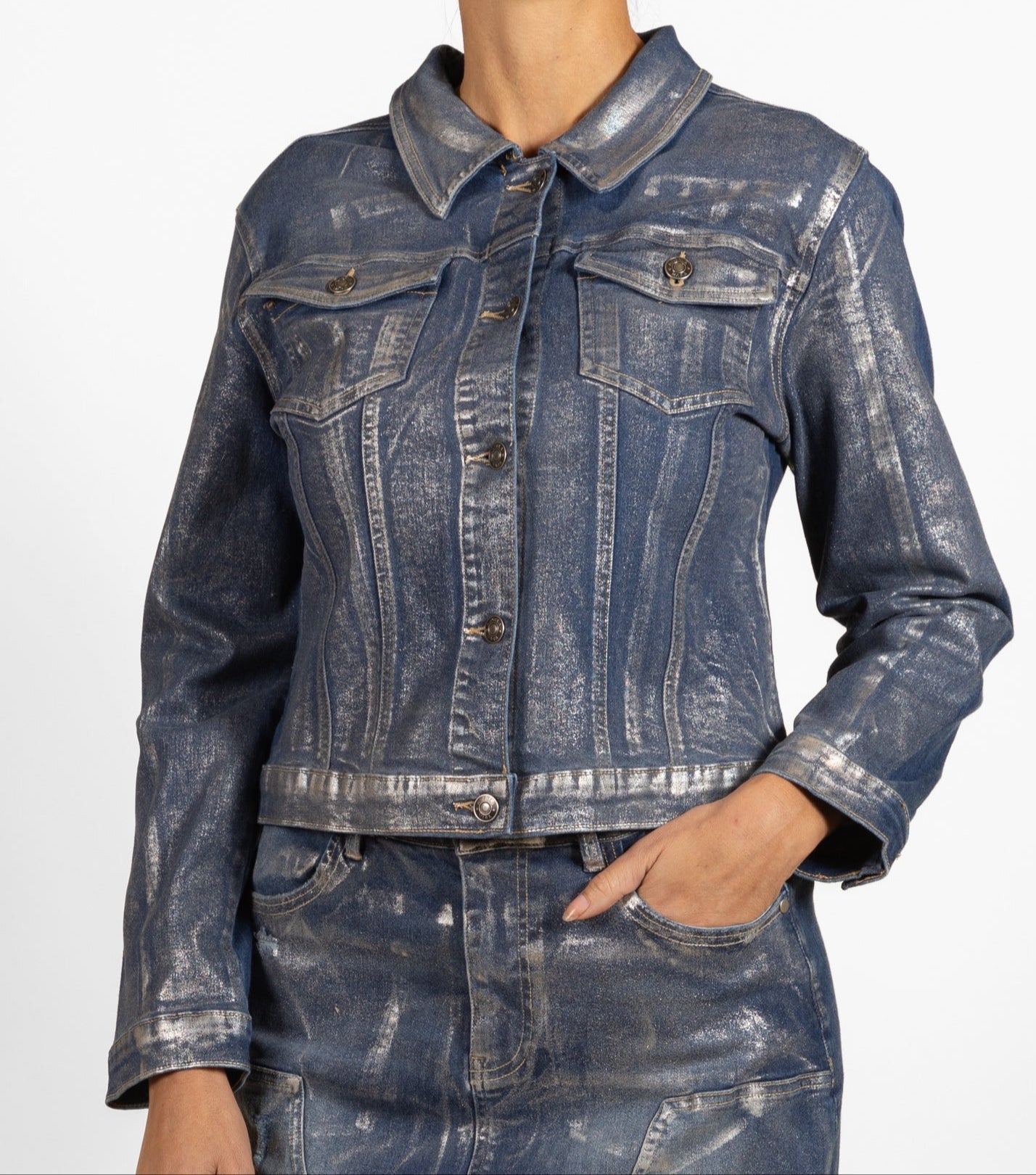 Silver Button Rivet 2 Pkt Multi Seam Foil Front Denim Jacket