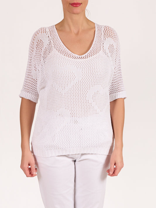 Pullover blanc en crochet à col en V avec motif cœur