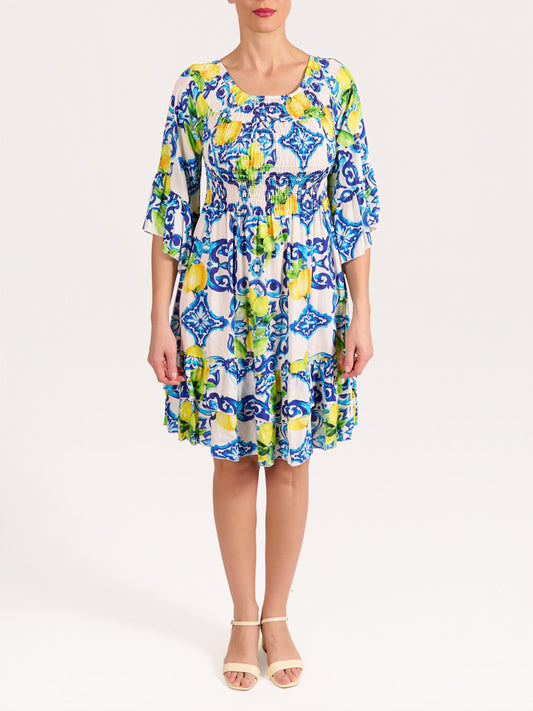Robe Amalfi Paon à Manches à Volants aux Coudes avec Fronces et Imprimé Citrons