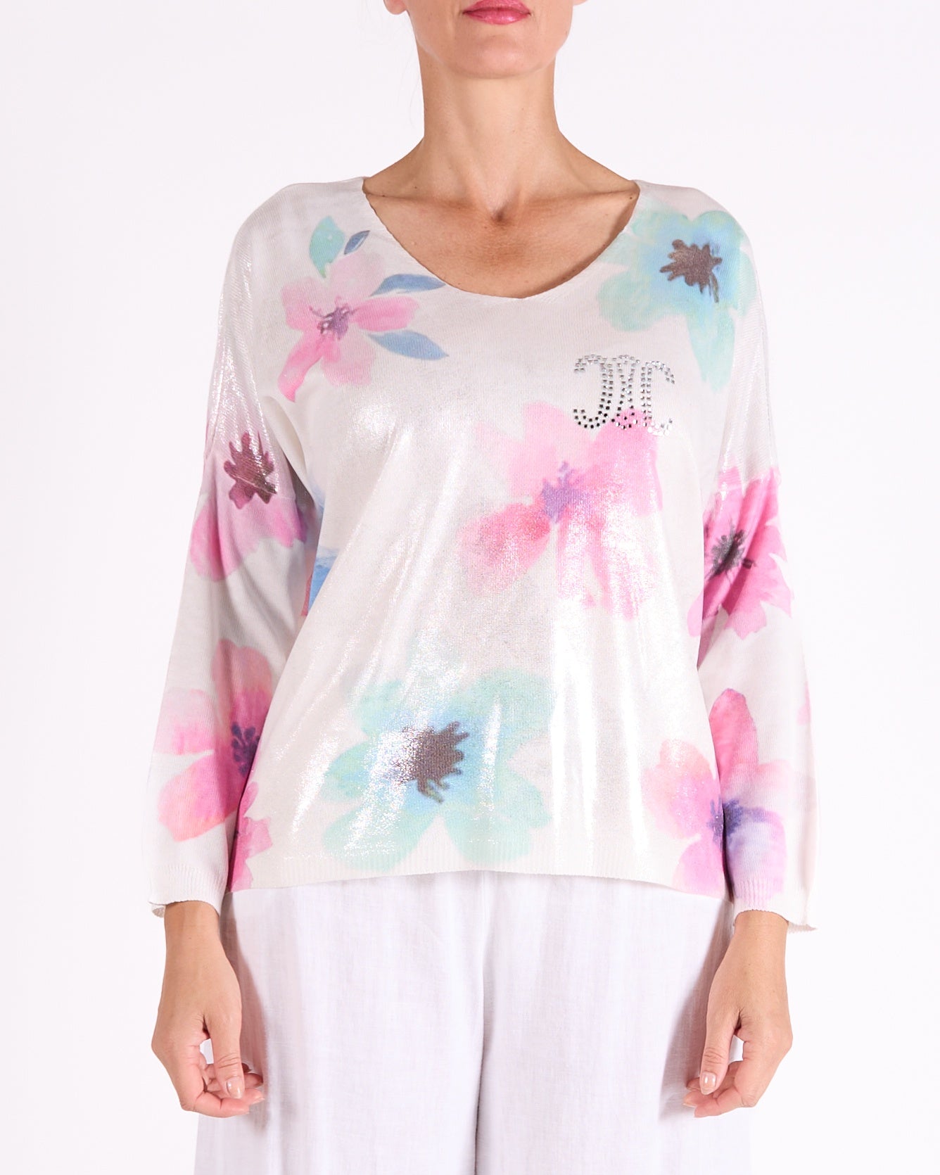 Mint V Neck Drop Shoulder Foil Floral Print Studed Pullover