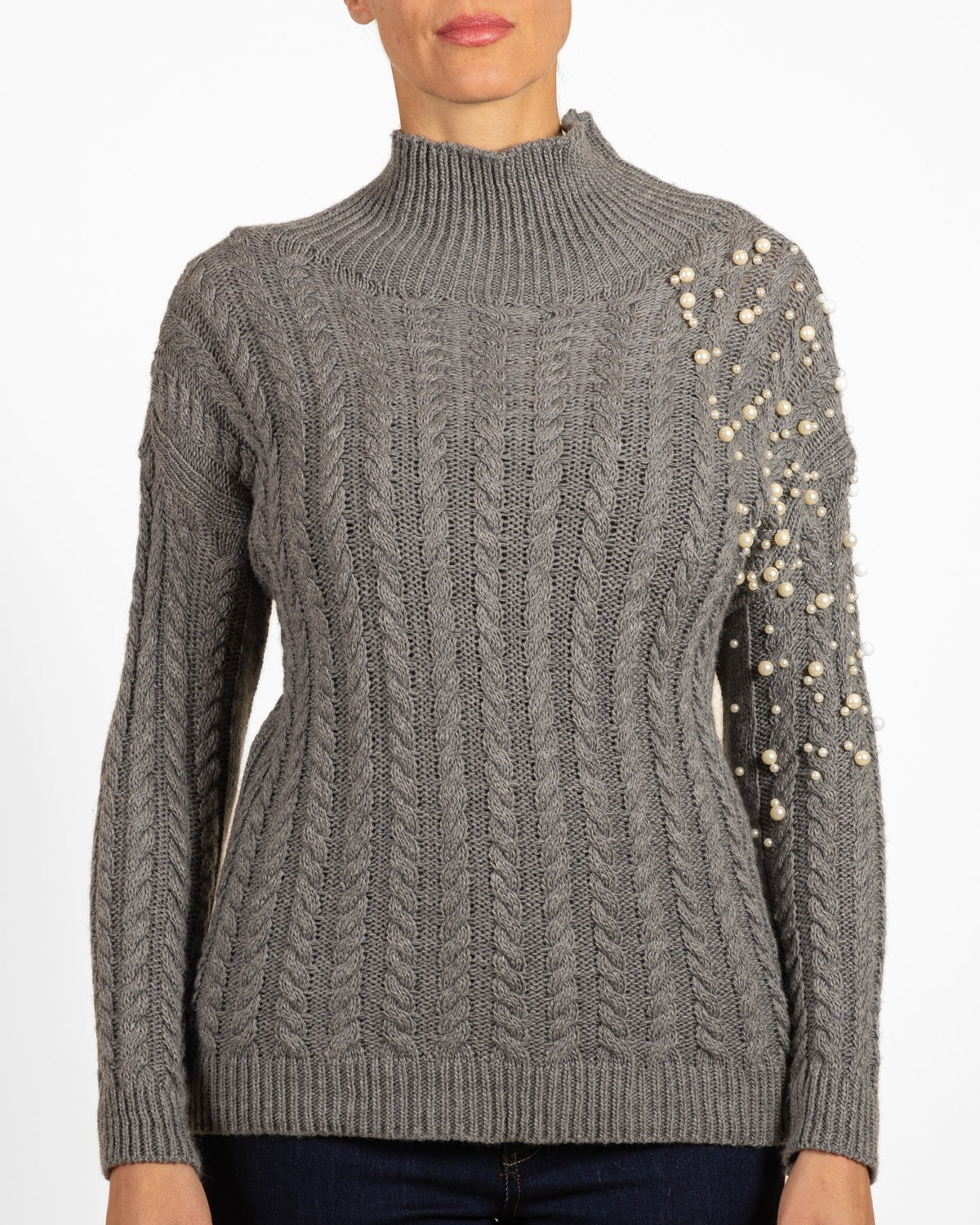 Pewter Hi Mock Neck Pearl Shoulder Detail Cableknit Sweater