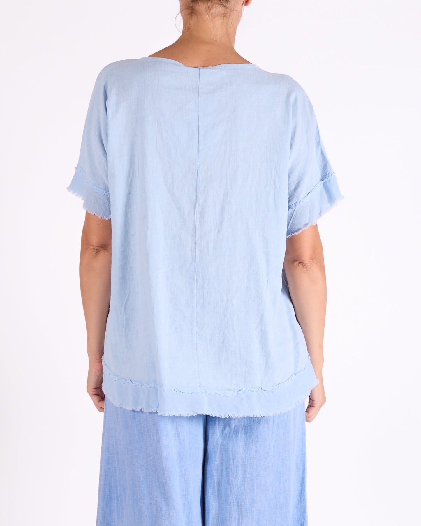 Sky Blue Scoop Neck Raw Edge Hem Trim Top