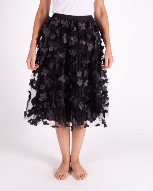 Black Pull on Allover Floral Applique Mesh Skirt
