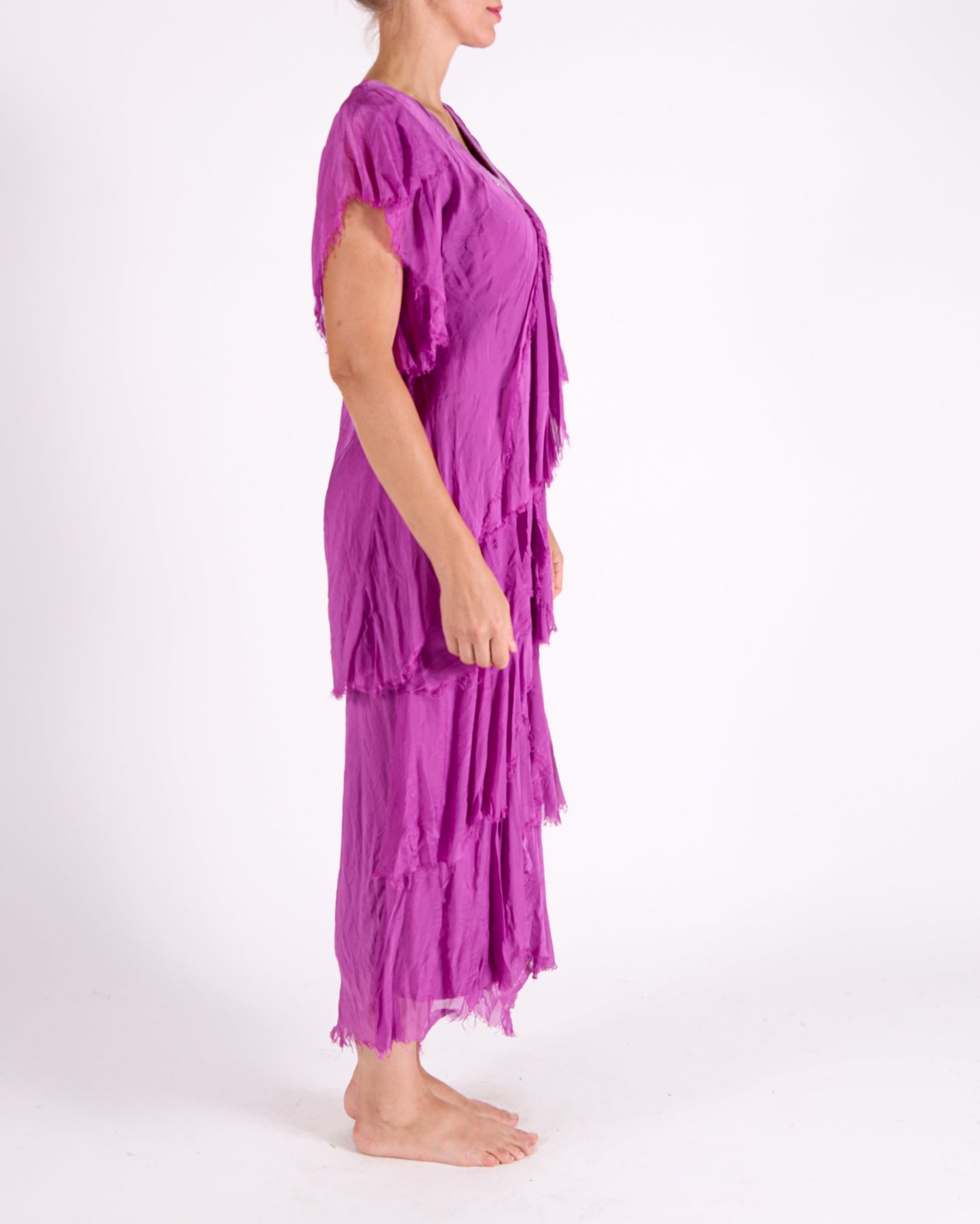 Magenta Short Sleeve Raw Edge Multi Layer Sequin Neck Trim Maxi Dress