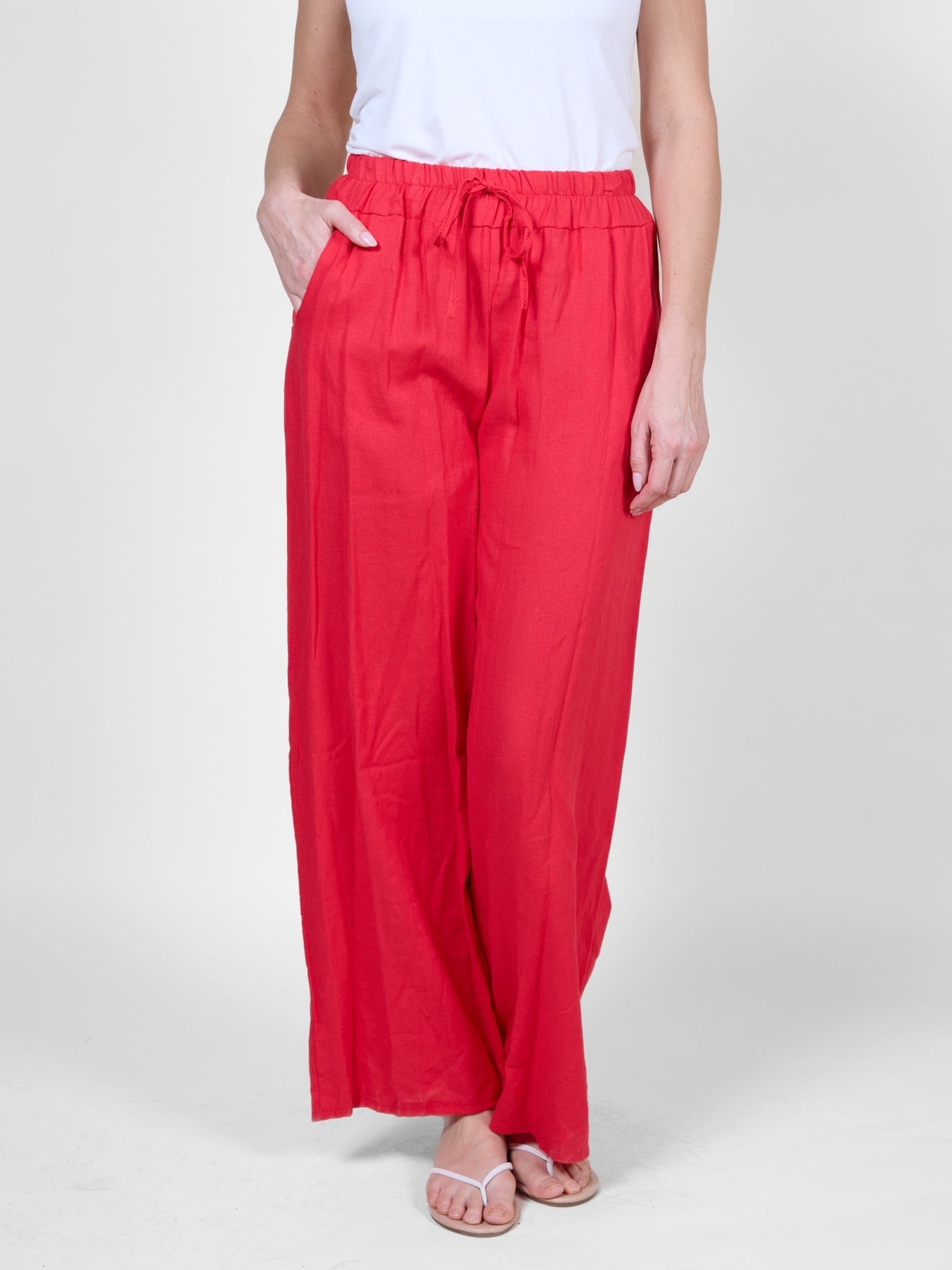 Red Flowy Pull-On Pants with Drawstring Waist and Pockets