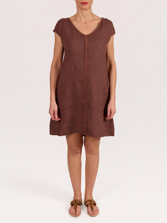 Robe espresso à manches capuchon avec col en V et détail de bordure