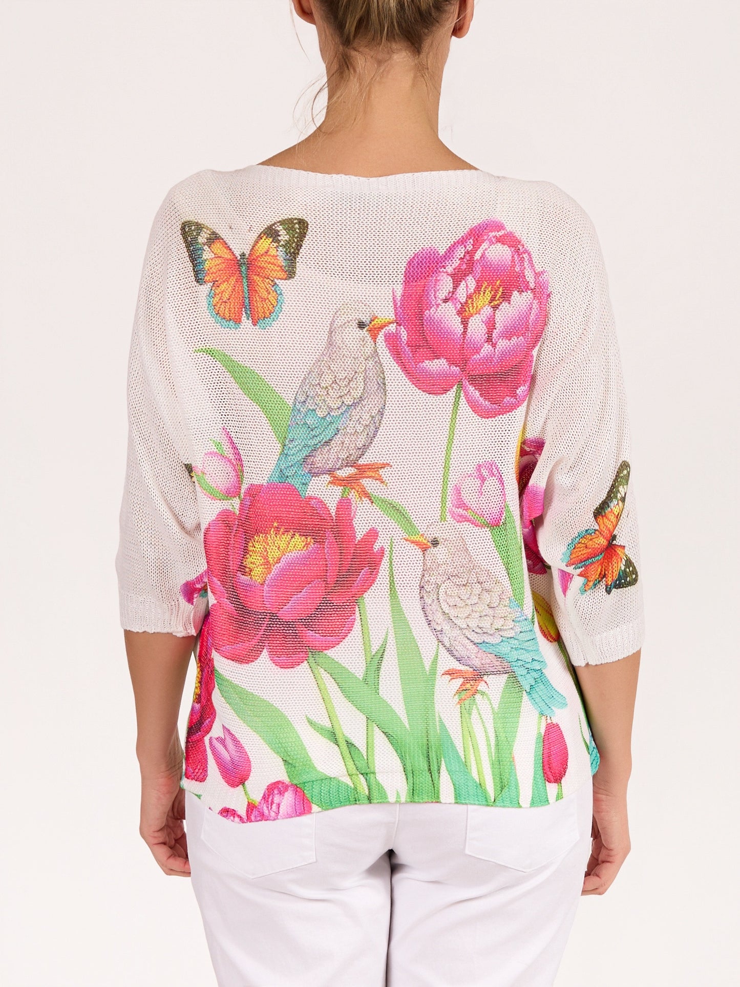 Pullover blanc à encolure bateau et manches au coude avec motif floral et oiseau