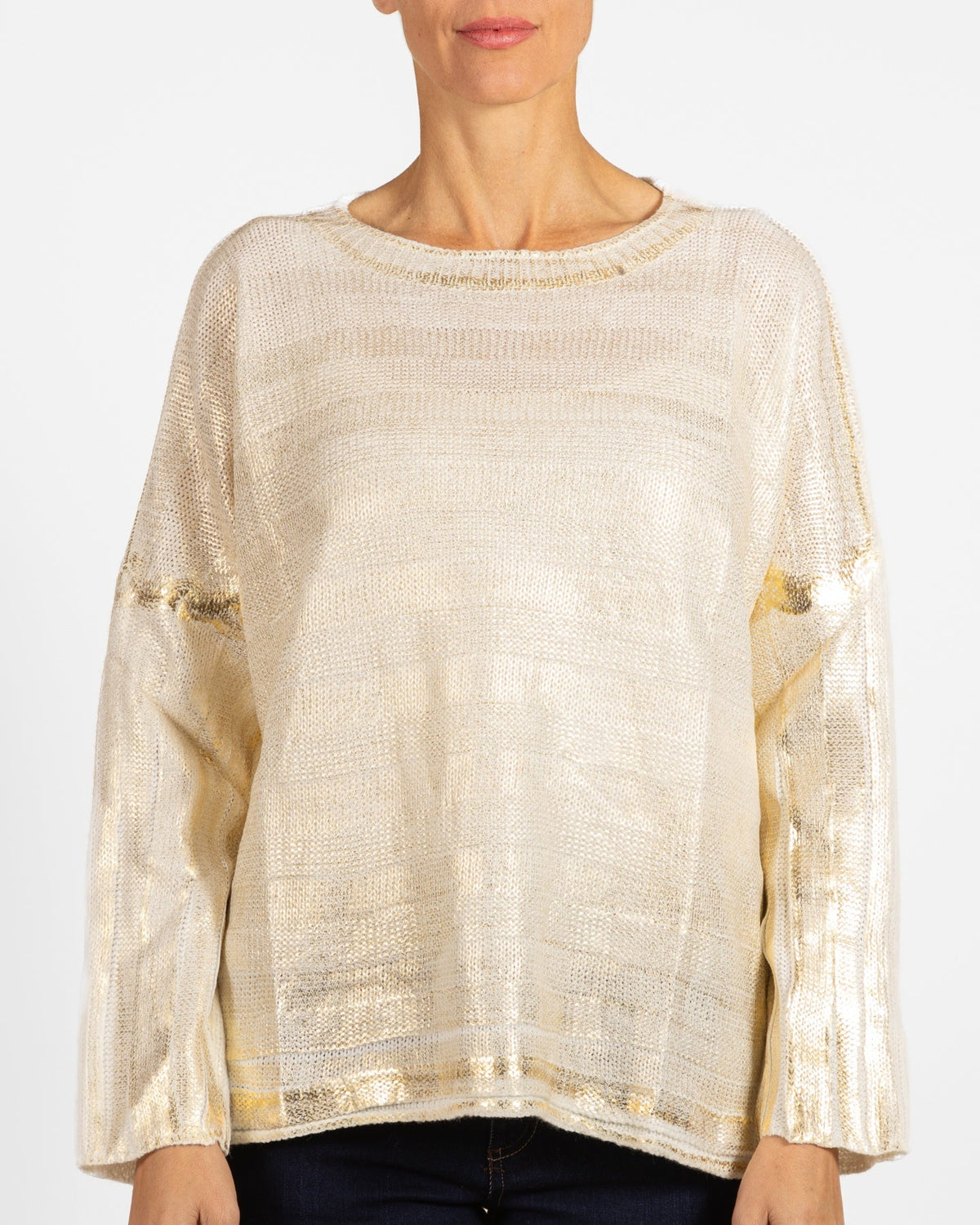 Snow Drop Shoulder Gold Foil Front Box Shape Double Knit Sweater