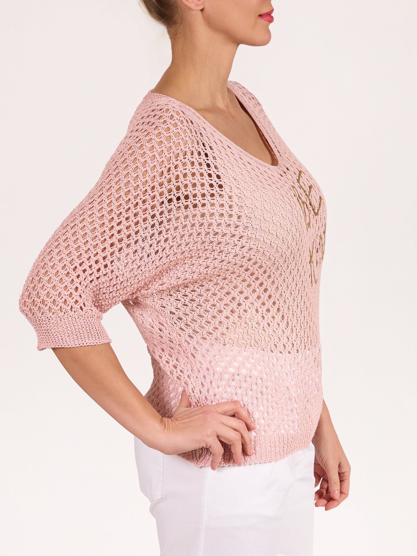 Pull en crochet rose à col en V à manches courtes BE KIND