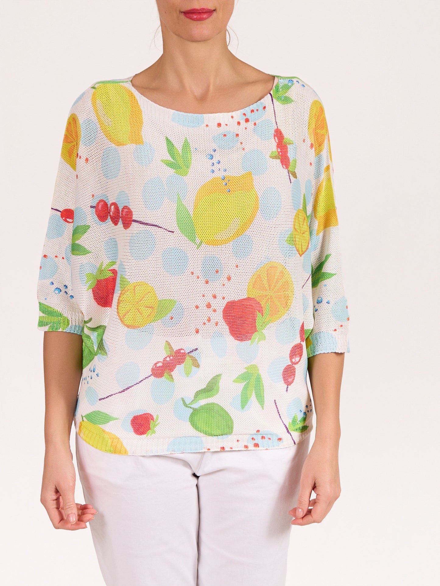 Pullover blanc à manches au coude avec motif fruit