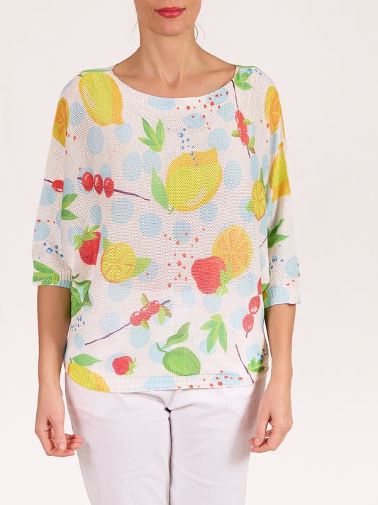 Pullover blanc à manches au coude avec motif fruit