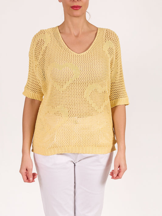 Pullover jaune en crochet à col en V avec motif cœur