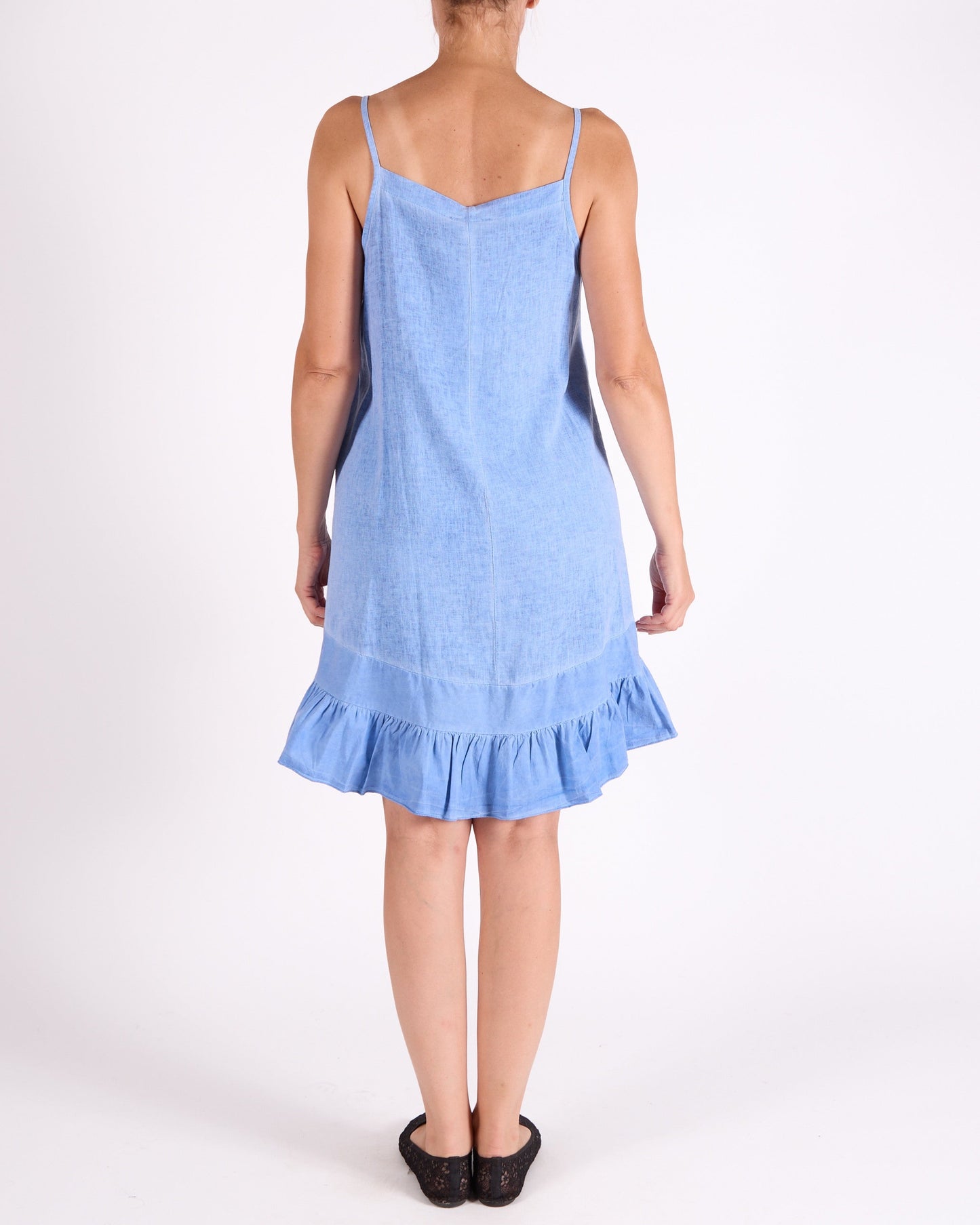 Ocean Blue Spaghetti Strap Ruffle Hem Band Neckline Dress