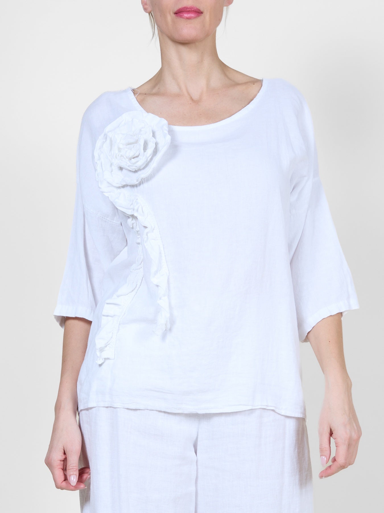 White Scoop Neck Floral Embellished Top