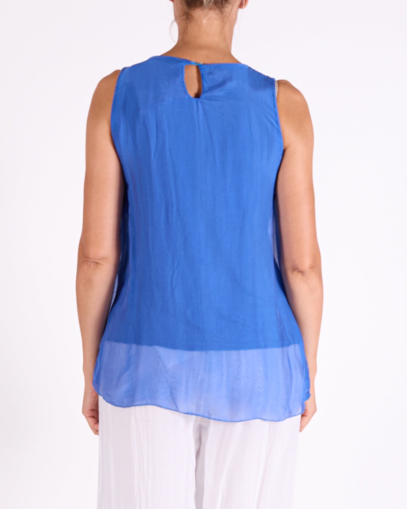 Peacock Ruffle Front Trim Sleeveless Blouse
