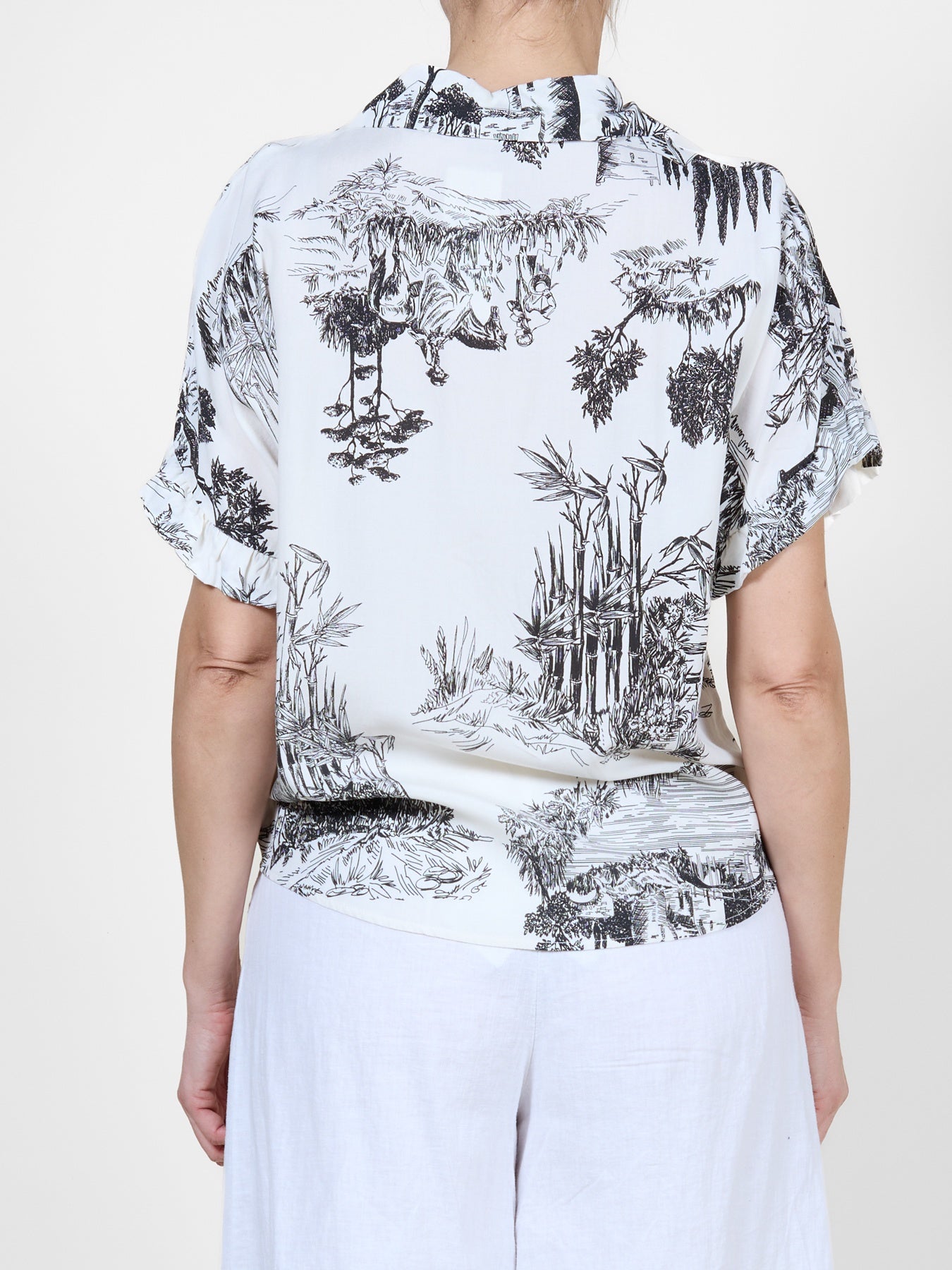 Midnight Tropical Print Button-Up Blouse with Tie Hem