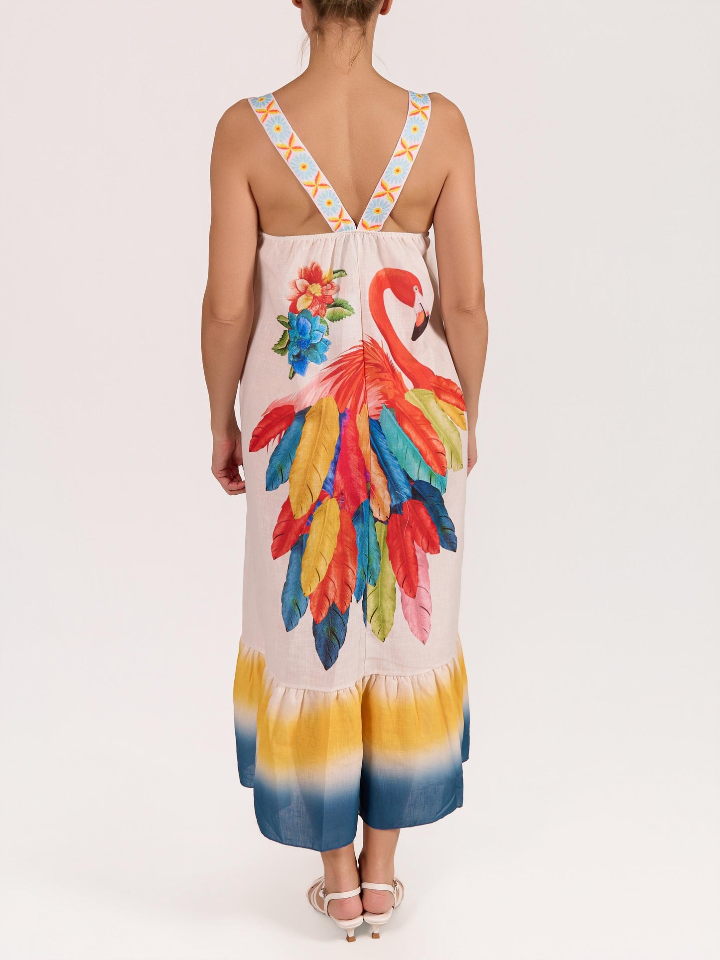 Robe maxi paysanne blanche sans manches à bretelles ruban imprimé flamant
