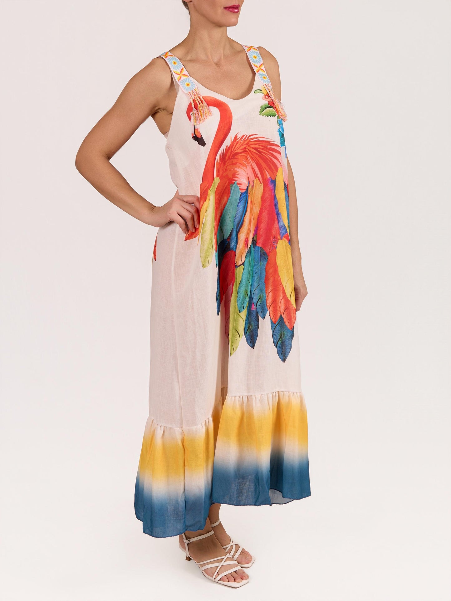 Robe maxi paysanne blanche sans manches à bretelles ruban imprimé flamant