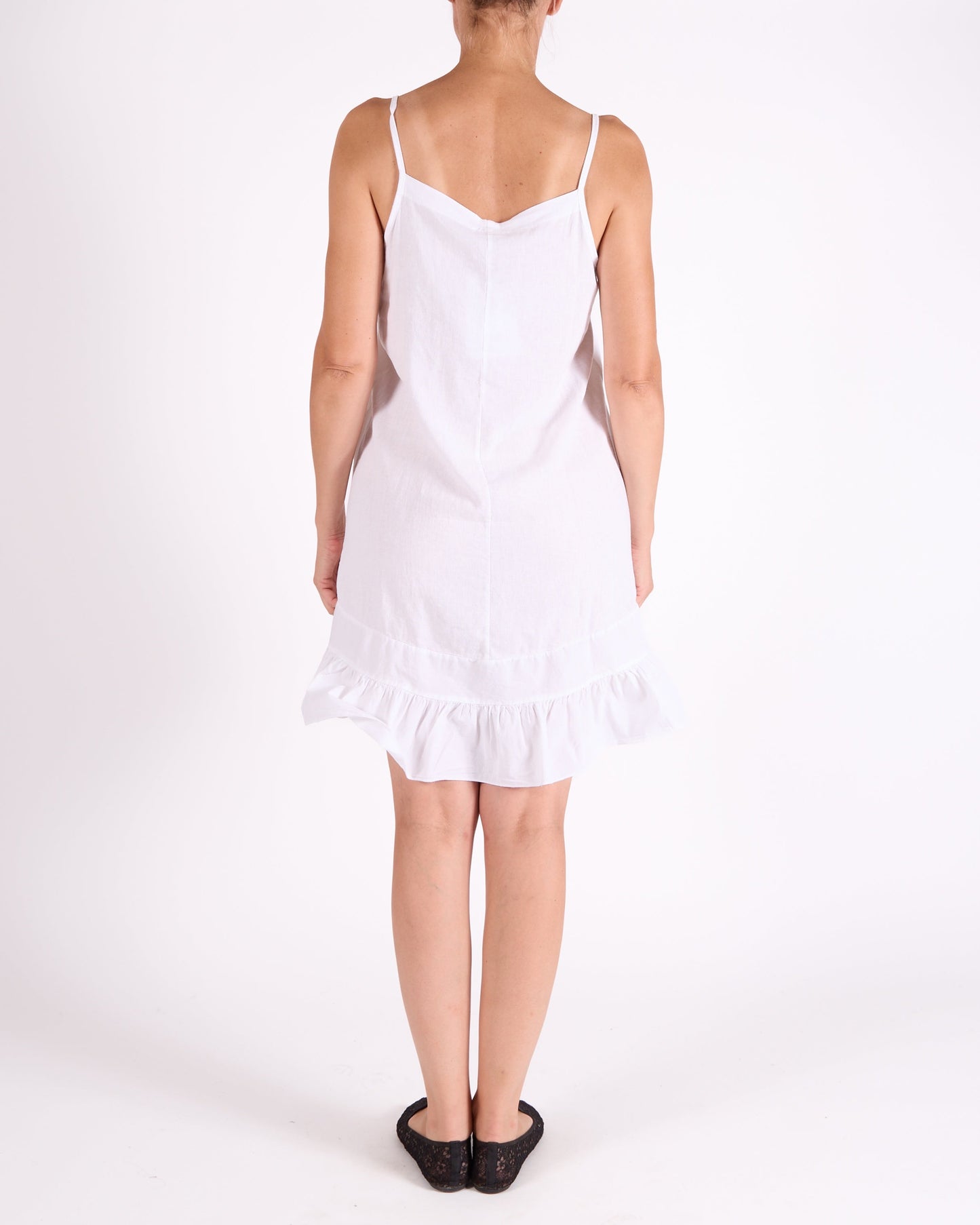 White Spaghetti Strap Ruffle Hem Band Neckline Dress