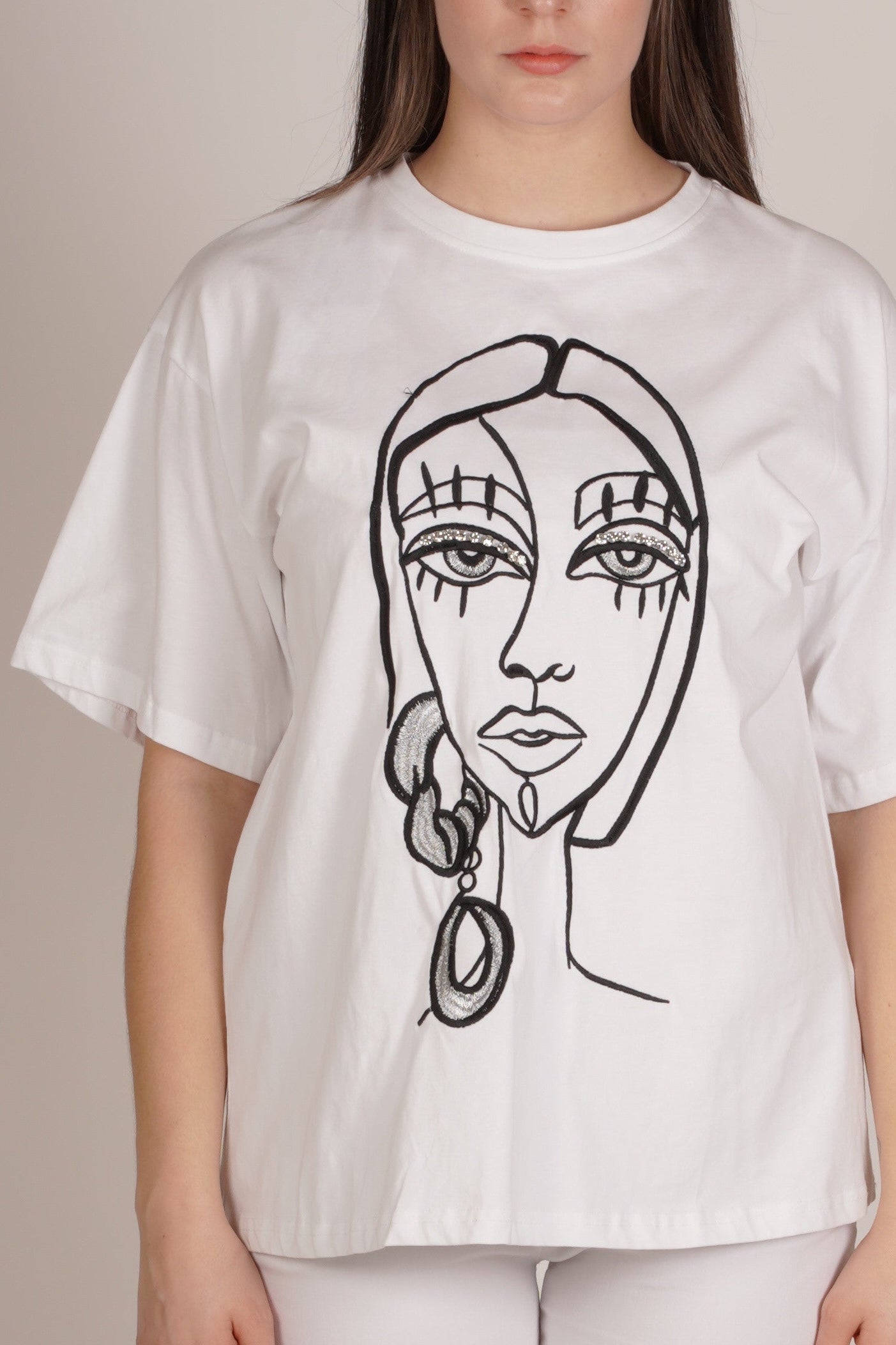 T-shirt à motif visage avec strass blancs