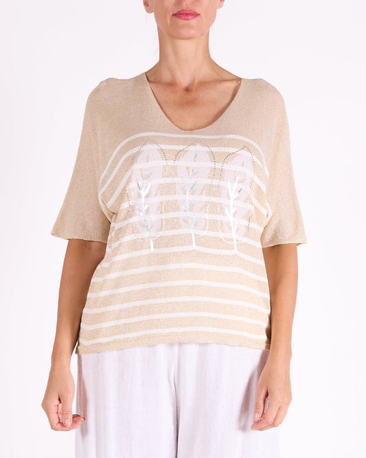 Gold Lurex Multi Stripe Triple Feather V Neck T-Shirt