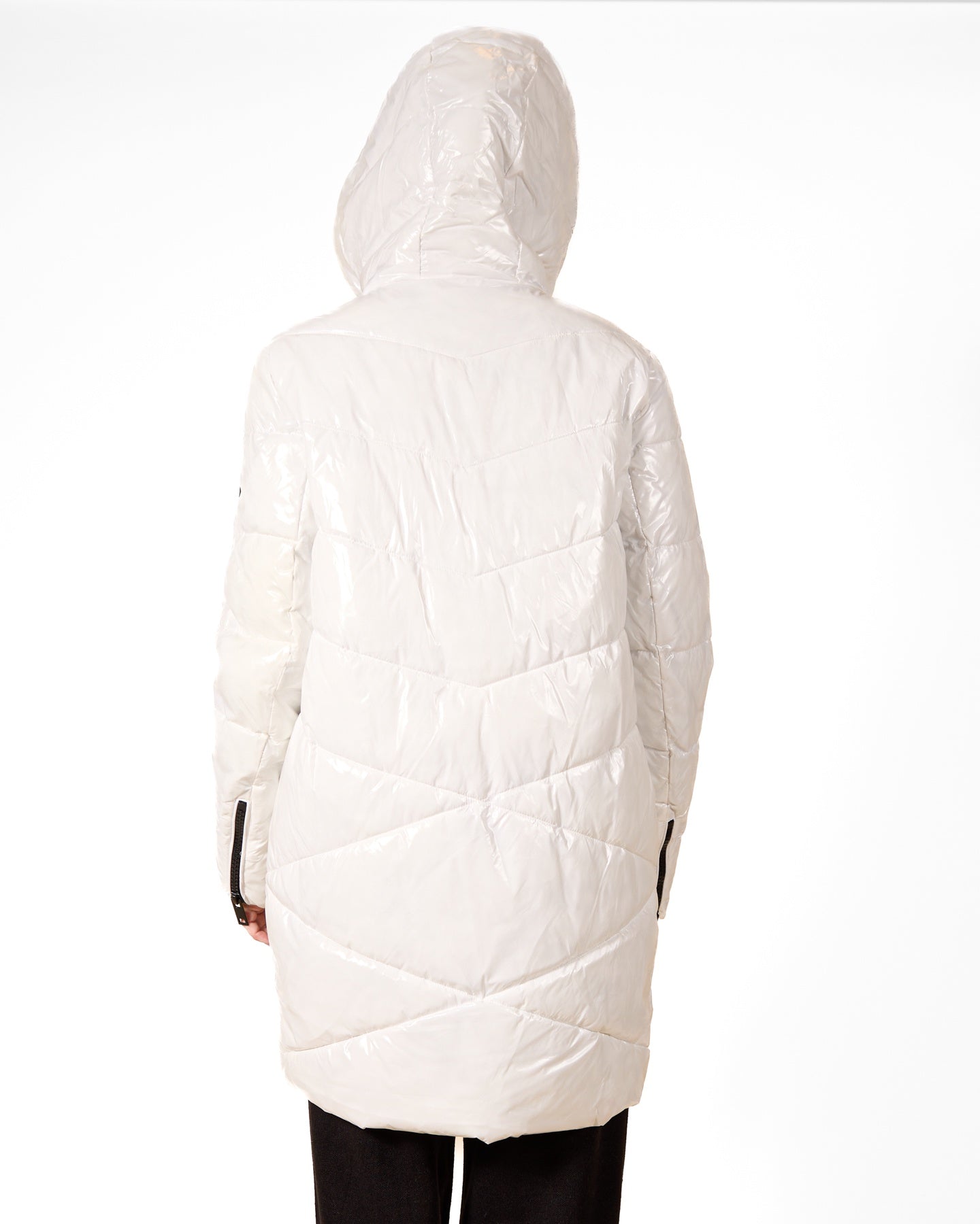 White Ribbon-Accent Long Puffer Coat