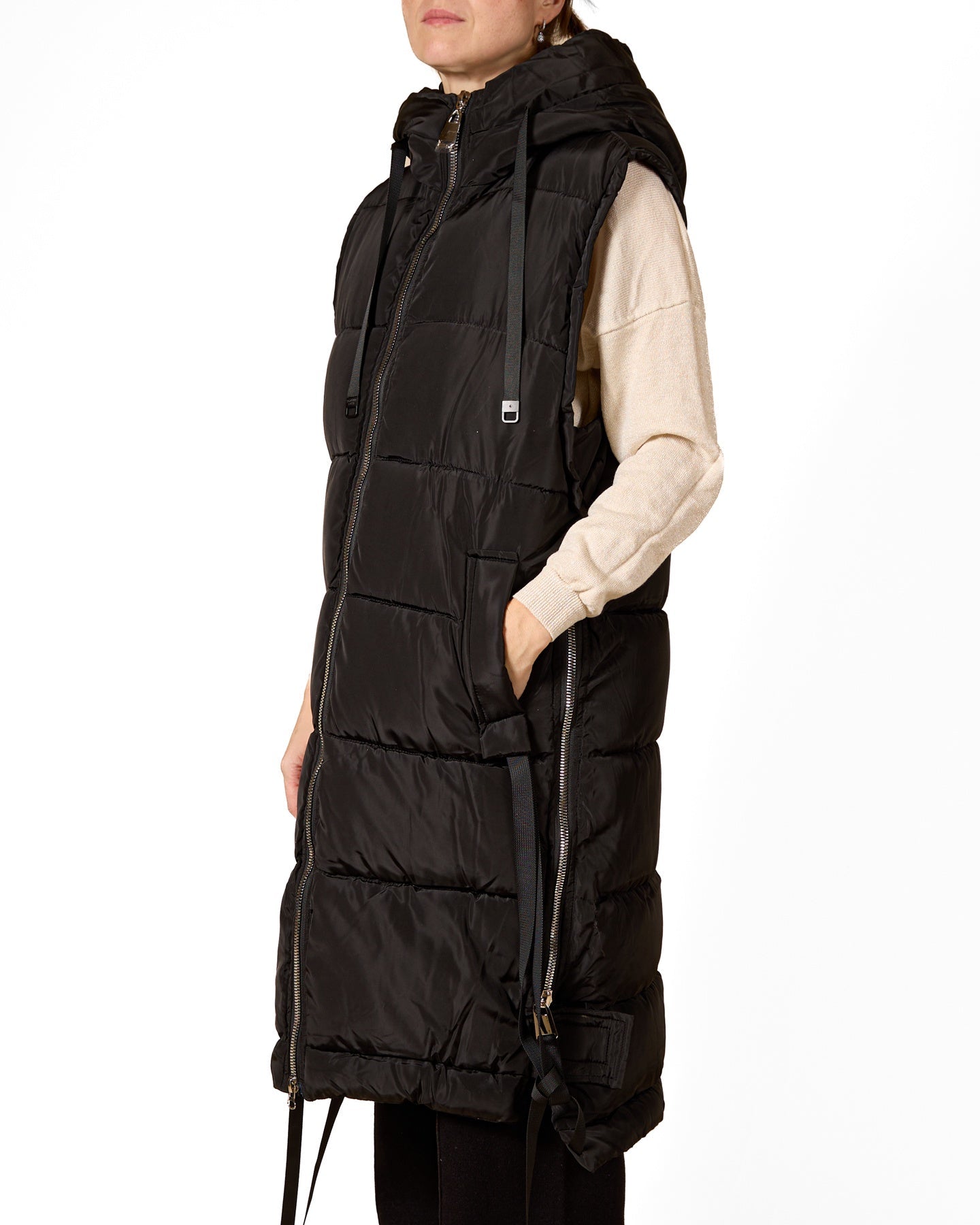 Gilet à capuche ébène avec fermeture éclair sur le devant et détail ruban, 2 poches