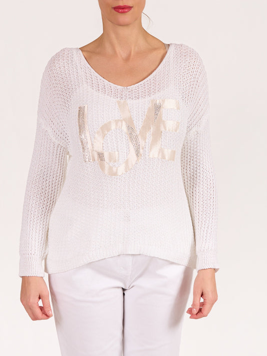 Pull blanc à encolure bateau et épaules tombantes LOVE