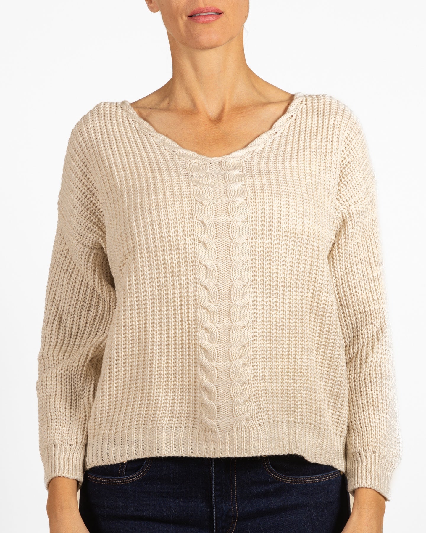 Beige V-Neck Cable Knit Rib Combo Sweater