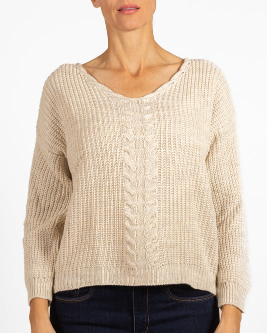 Beige V-Neck Cable Knit Rib Combo Sweater