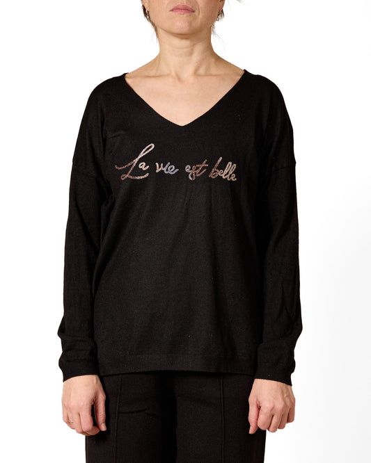 Ebony V-Neck "LA VIE ET BELLE" Long Sleeve