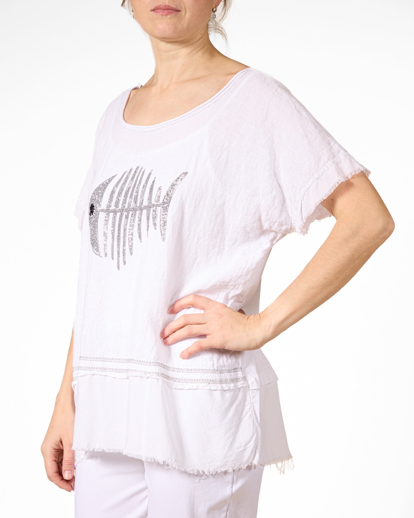 Haut de pêche en lurex blanc argenté bordé de lurex
