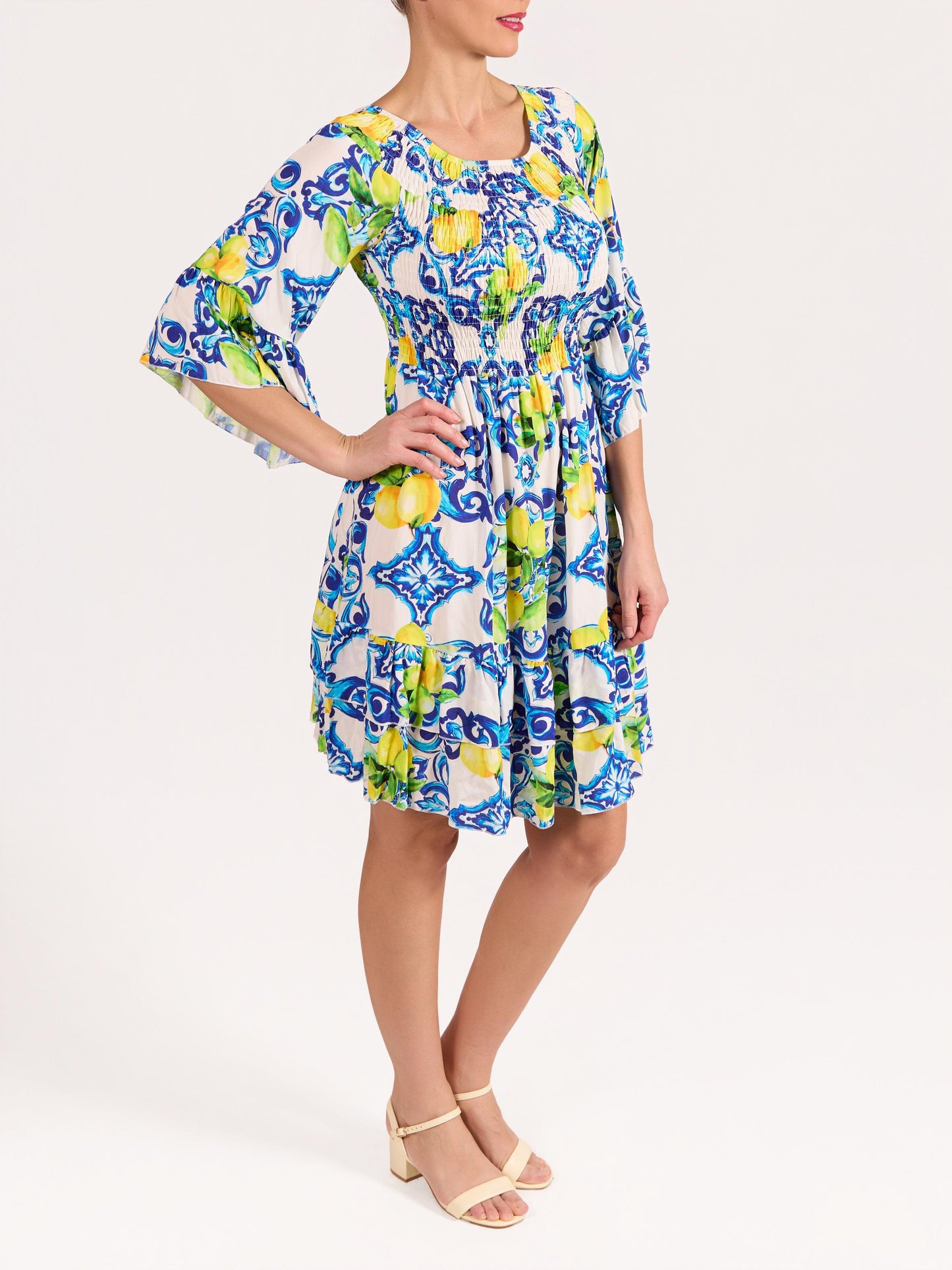 Robe Amalfi Paon à Manches à Volants aux Coudes avec Fronces et Imprimé Citrons