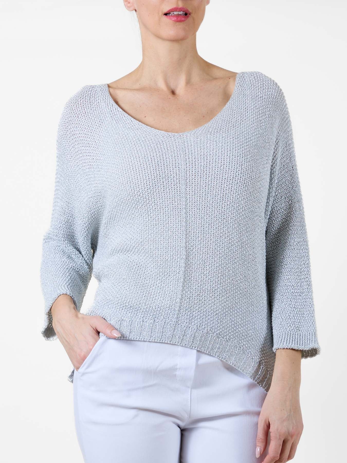 Silver Lurex Pull-On Sweater with 3/4 Sleeves