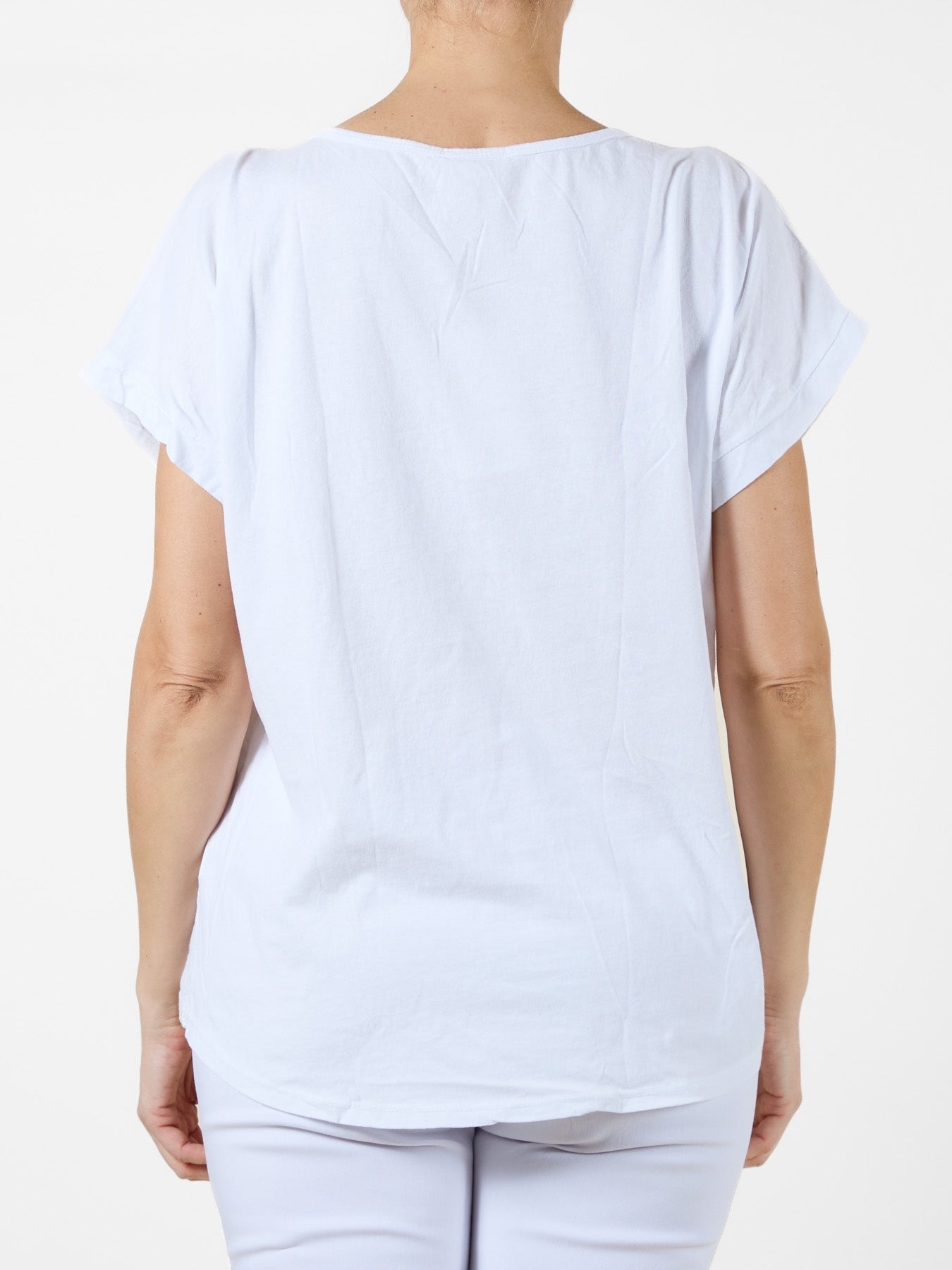 White T-Shirt with Abstract White, Silver & Gold Circle Design