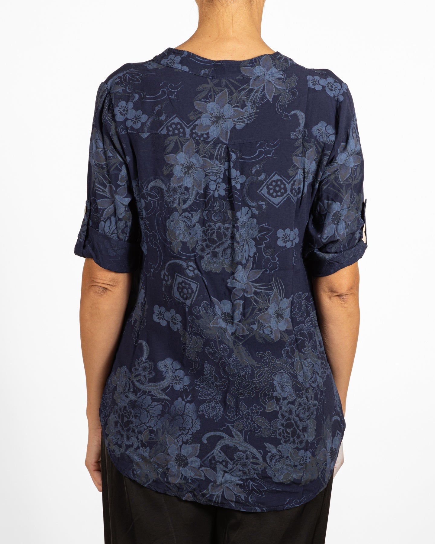 Midnight Placket Front Roll up Sleeve Sequin Pocket Floral Top