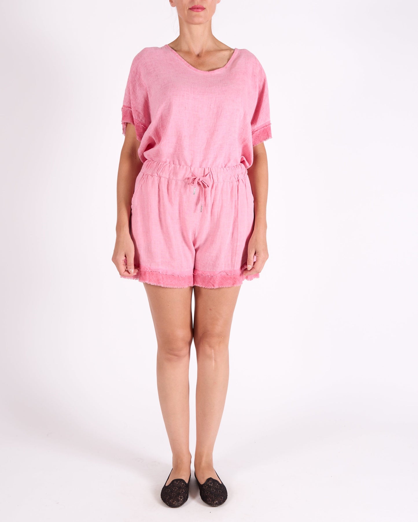 Watermelon Pull on Drawstring Raw Edge Shorts