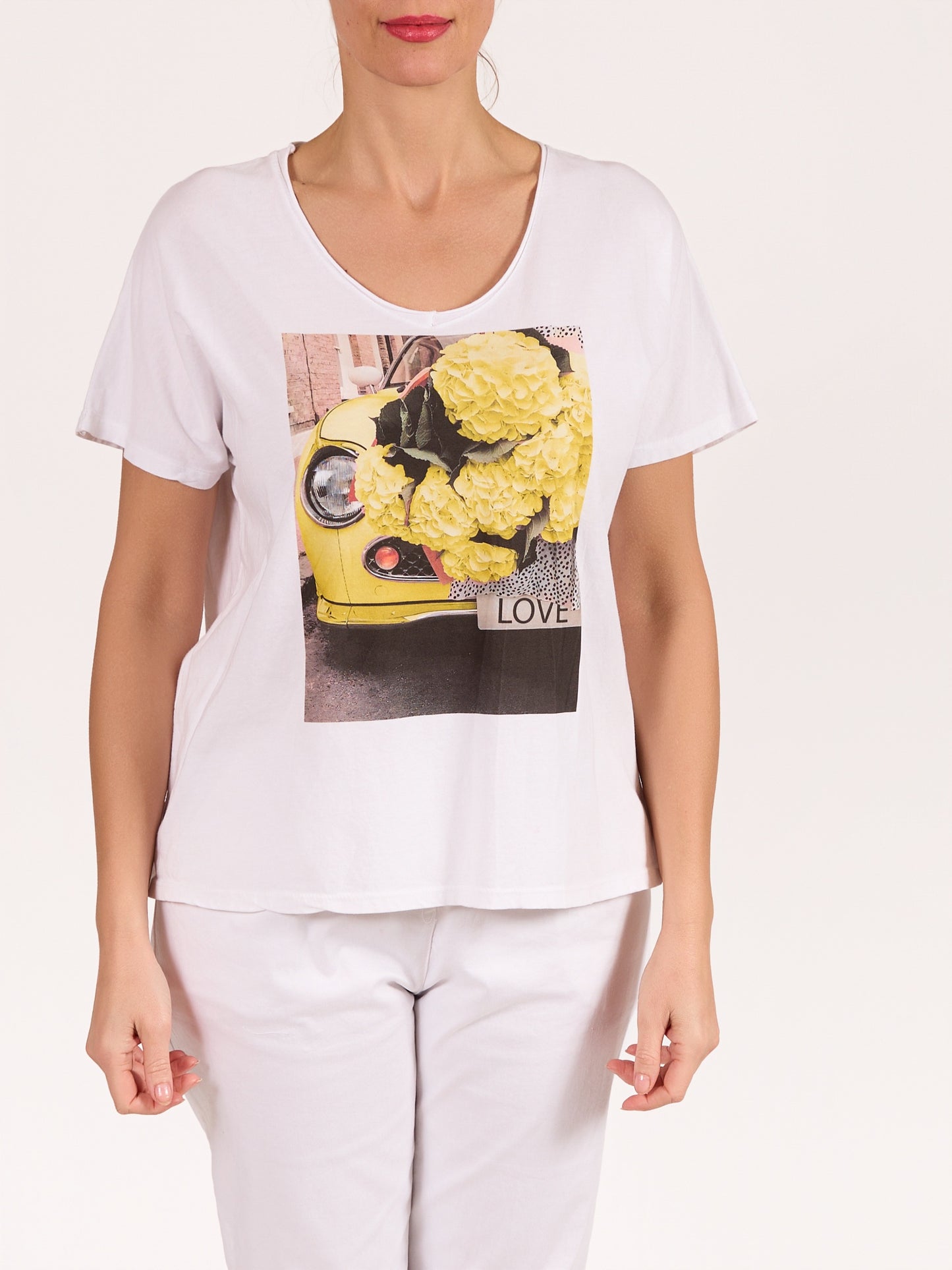 T-shirt jaune à col en V à manches courtes Beatles LOVE floral